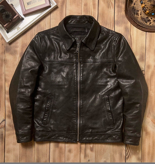 SALEプライス★VINTAGE復刻デザイン 植物タンニンなめし ゴートレザー シングルライダースジャケット★M～5XL