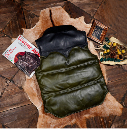 ◇カーキ×ブラックの渋い色合い◇イタリア産シープレザーダウン ベスト◇ S～4XL