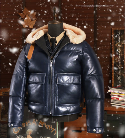 ３色展開◇シープレザーダウンジャケット/フード付き◇ M～4XL