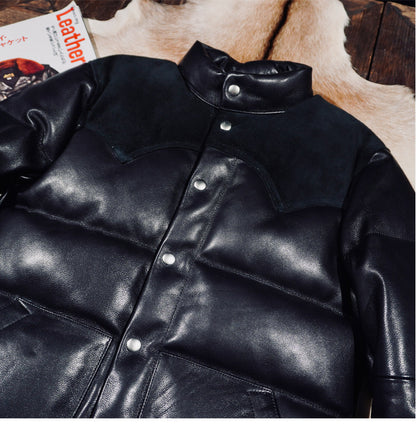 日本産ディアスキンレザー使用◇ブラック レザーダウンジャケット◇ S～3XL