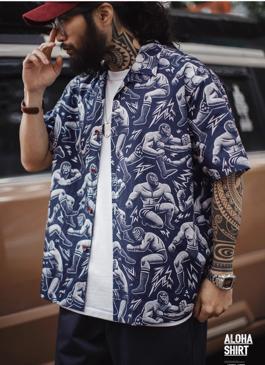 ▲覆面レスラー総柄  アロハシャツ▼S～2XL