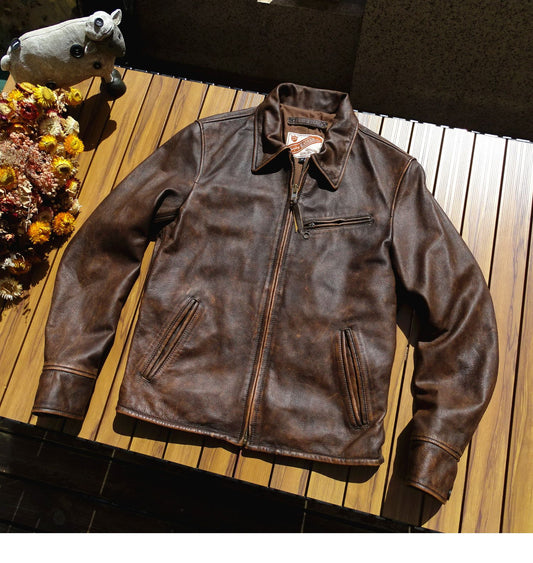昨シーズン物売り切りSALEプライス◆1930's VINTAGE復刻デザイン茶芯 カーフレザー スポーツジャケット◆S~5XL