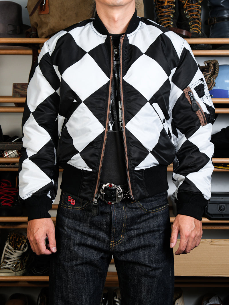 真冬にも▲リバーシブルデザイン チェッカー柄MA-1ジャケット 中綿入り▼S～2XL
