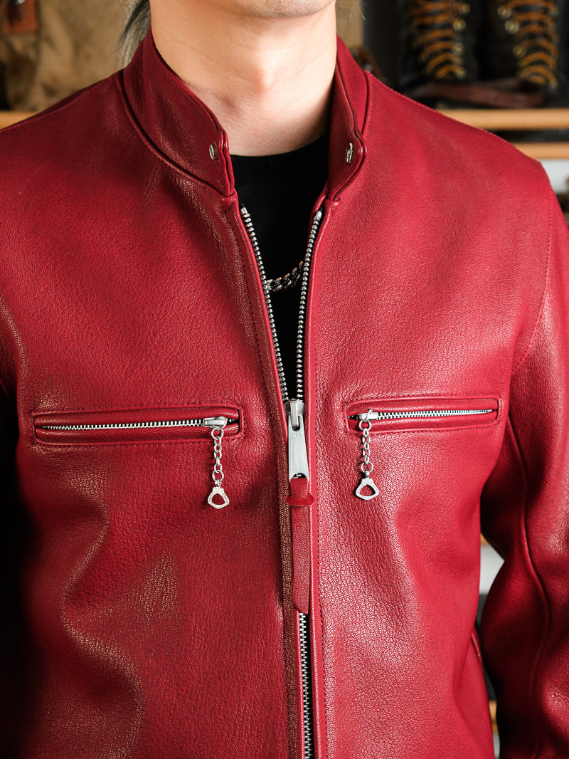 ◇ヴィンテージ復刻 J-100型 カフェレーサースタイル ゴートレザー シングルライダースジャケット◇ レッドS～3XL
