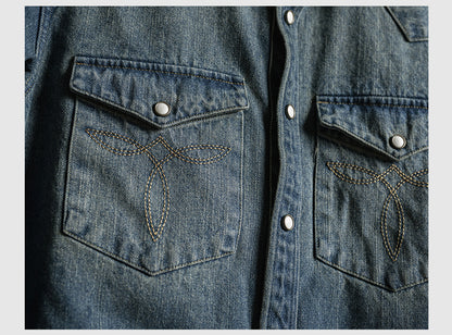 ステッチ刺繍がポイント△ヴィンテージ加工 デニム　ウエスタンシャツ▽S～3XL