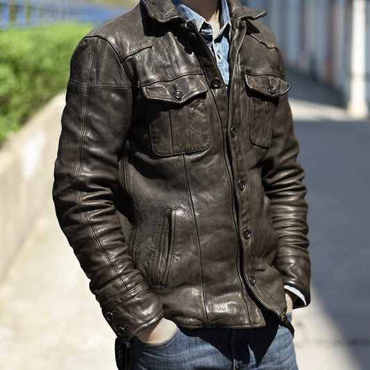 ☆植物タンニン鞣し ウォッシュ加工 シープレザー シャツ☆S～3XL