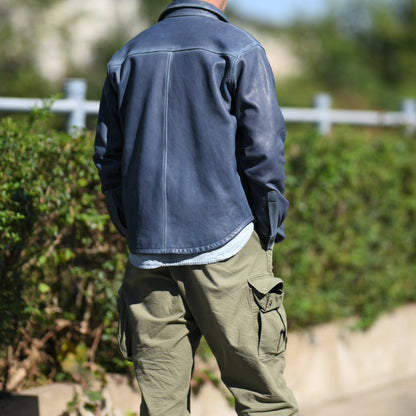 ☆絶妙な色味の枯れたブルーカラー☆シープレザー シャツ☆M～3XL