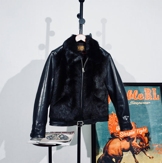 １点のみ/売り切りSALEプライス★オーストラリア産ムートン×ホースハイドレザー 熊ジャン★ブラック Lサイズ