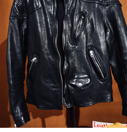 ▲ビンテージ復刻 植物タンニン鞣し ウォッシュ加工シープレザー シングルライダース ジャケット▼S～4XL