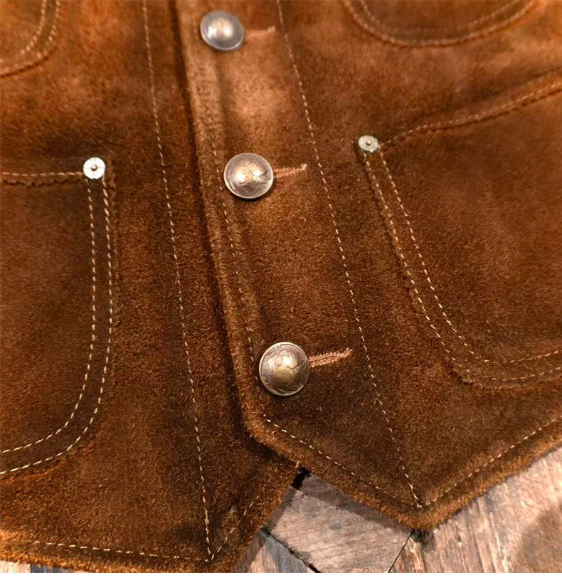 ◇ハードウォッシュ ヴィンテージ加工 スウェード コンチョボタン ベスト◇M～4XL