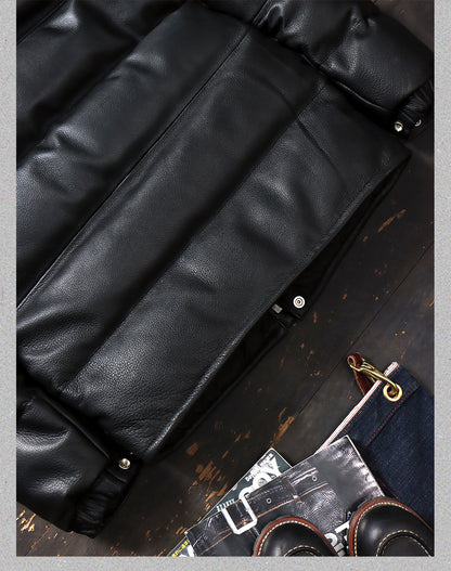 ◇ゴートレザー ブラックレザーラグランダウンジャケット◇ M～4XL