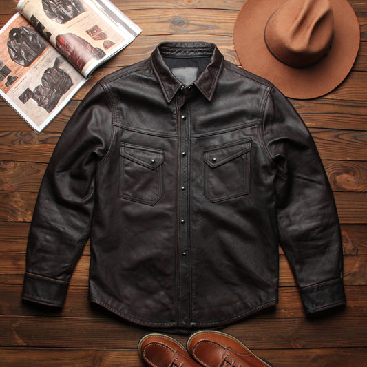 ★カウレザー ウォッシュ加工ウエスタンシャツ★L～3XL