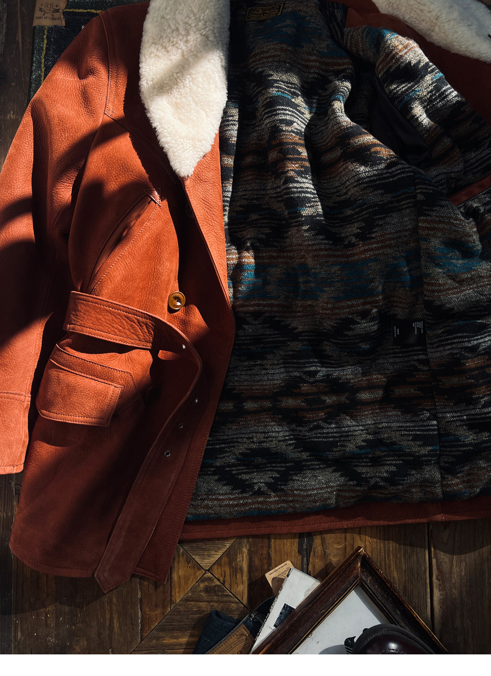 ★ナバホブランケット裏地★アメリカ産植物タンニン鞣しカウレザー×ムートン ランチコート★