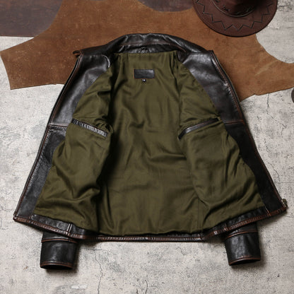 ★程好いヴィンテージ加工★植物タンニン鞣し茶芯カウレザー シングルライダースジャケット★M～5XL