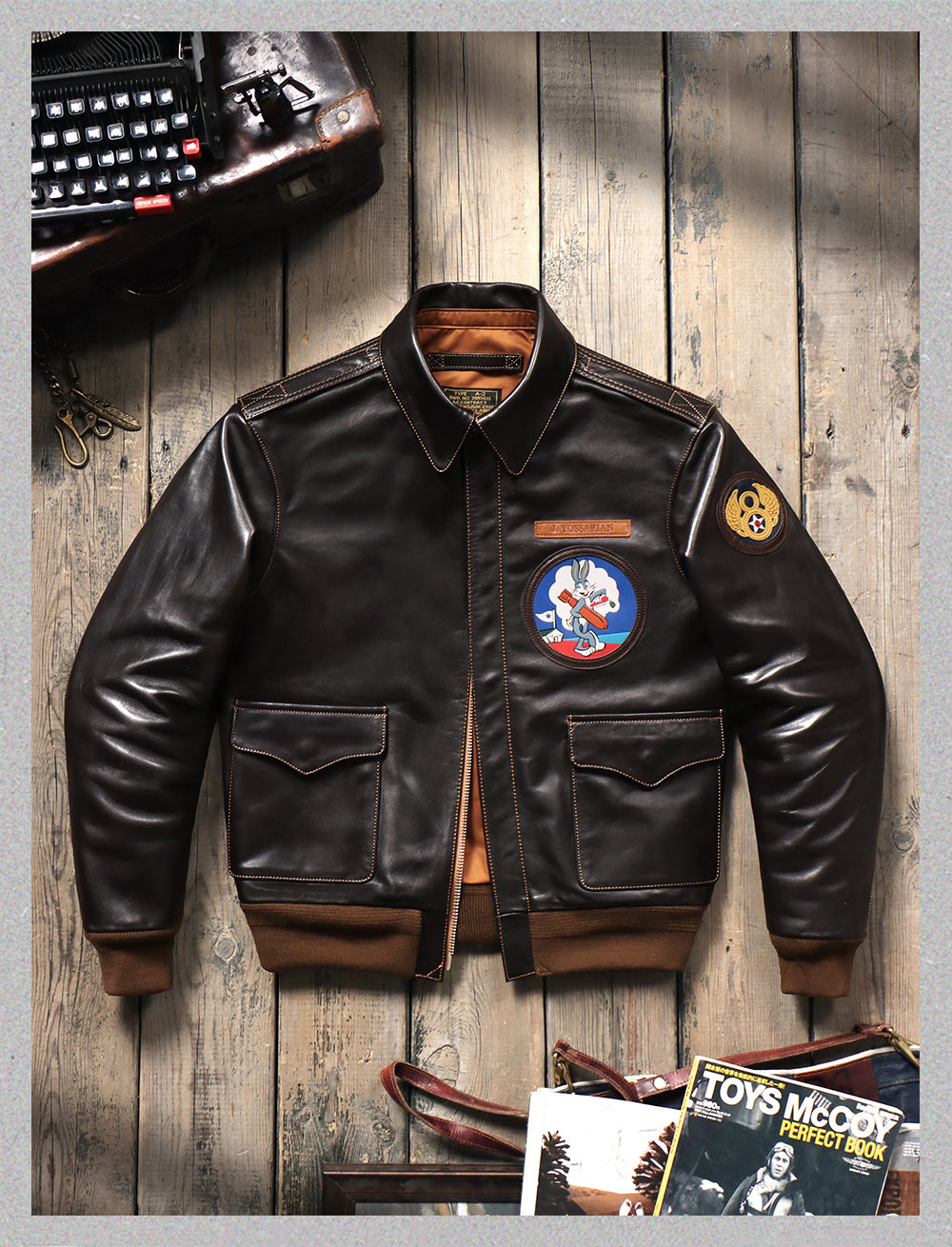 ハンドペイントのワッペンがキュート✩ヴィンテージ復刻 植物タンニン鞣しホースハイドレザー メンフィスベルモデル A-2ジャケット✩