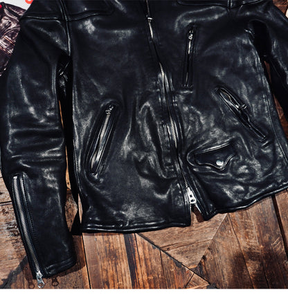 ▲ビンテージ復刻 植物タンニン鞣し ウォッシュ加工シープレザー シングルライダース ジャケット▼S～4XL