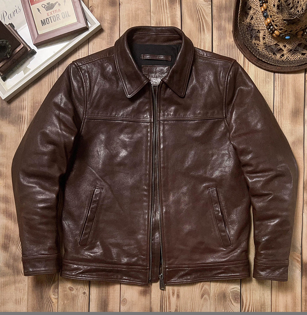 SALEプライス★VINTAGE復刻デザイン 植物タンニンなめし ゴートレザー シングルライダースジャケット★M～5XL　ブラウン