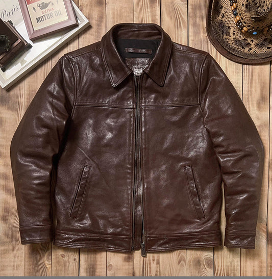 SALEプライス★VINTAGE復刻デザイン 植物タンニンなめし ゴートレザー シングルライダースジャケット★M～5XL　ブラウン