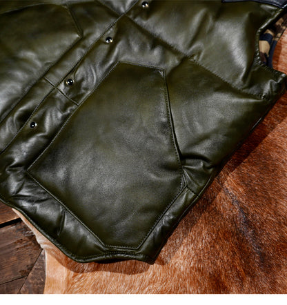 ◇カーキ×ブラックの渋い色合い◇イタリア産シープレザーダウン ベスト◇ S～4XL