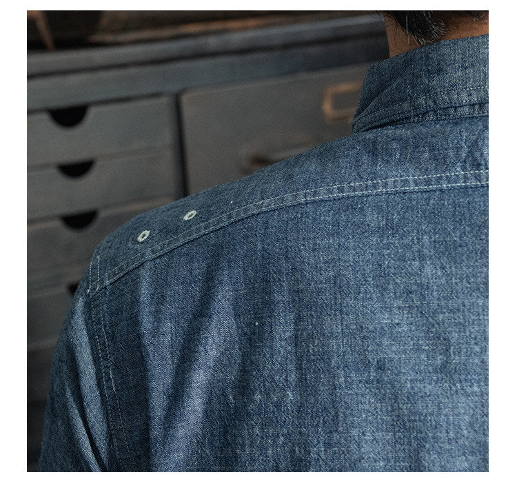 ◆ヴィンテージ40's復刻デザイン 山ポケ 半袖6.5オンス シャンブレーワーク シャツ◆S～2XL