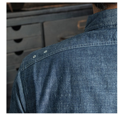 ◆ヴィンテージ40's復刻デザイン 山ポケ 半袖6.5オンス シャンブレーワーク シャツ◆S～2XL