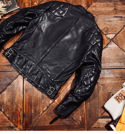 ◇植物タンニン鞣し　ウォッシュ加工カウレザー カフェレーサー シングルライダースジャケット ◇ブラックS～5XL