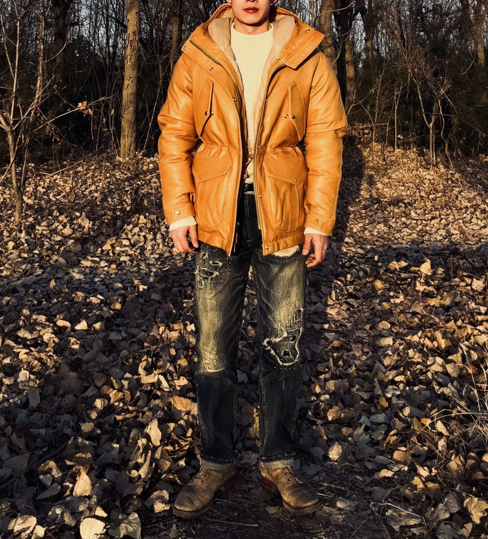 ◇イタリア産シープレザー使用 水染めレザーダウンジャケット◇ M～XL