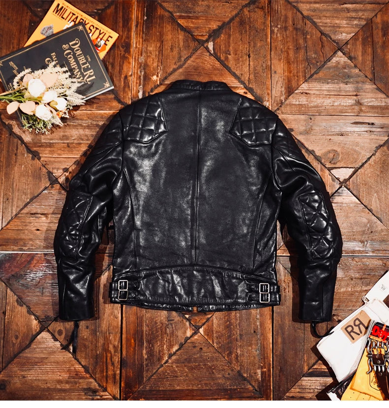 ◇植物タンニン鞣し　ウォッシュ加工カウレザー カフェレーサー シングルライダースジャケット ◇ブラックS～5XL