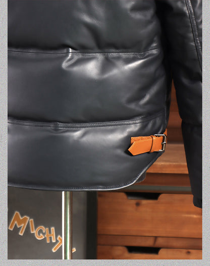 ３色展開◇シープレザーダウンジャケット/フード付き◇ M～4XL