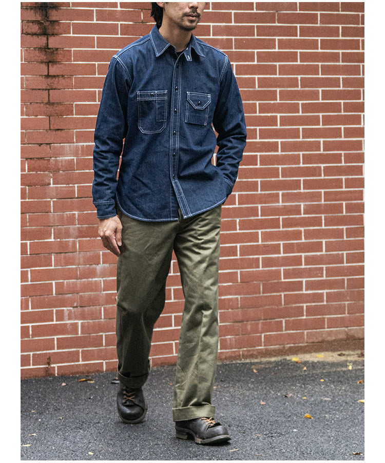 ヴィンテージ30’ｓ 復刻デザイン３本針でしっかり△10.5デニムワークシャツ▽S～2XL