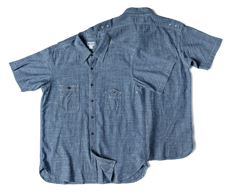 ◆ヴィンテージ40's復刻デザイン 山ポケ 半袖6.5オンス シャンブレーワーク シャツ◆S～2XL