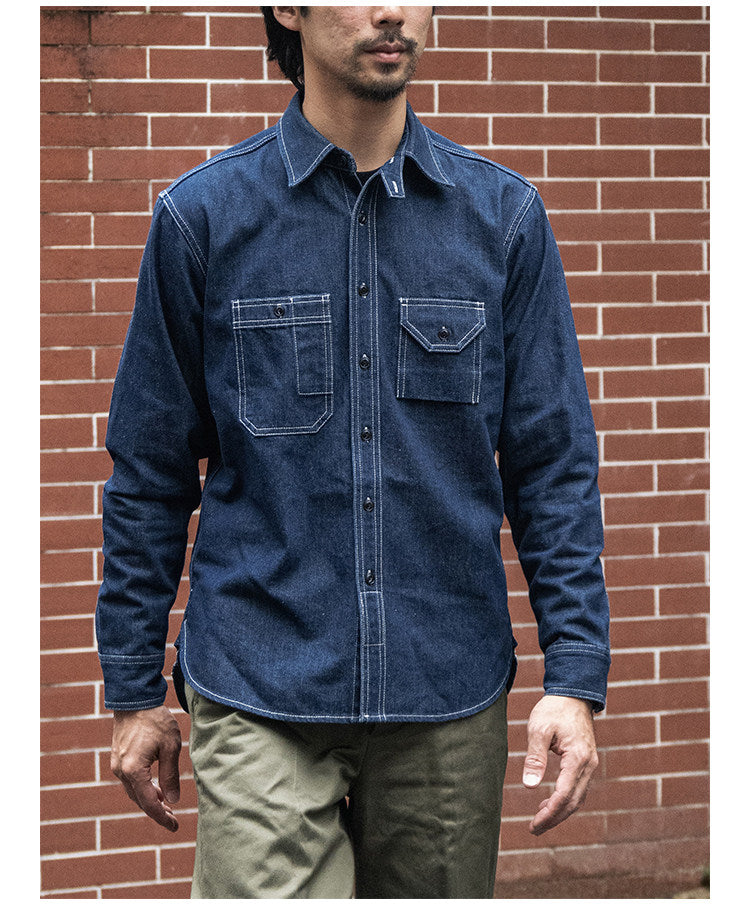 ヴィンテージ30’ｓ 復刻デザイン３本針でしっかり△10.5デニムワークシャツ▽S～2XL