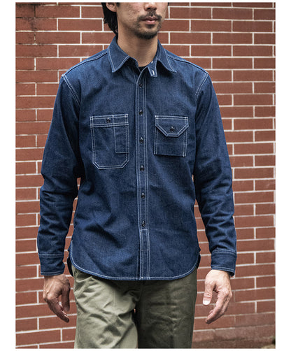 ヴィンテージ30’ｓ 復刻デザイン３本針でしっかり△10.5デニムワークシャツ▽S～2XL