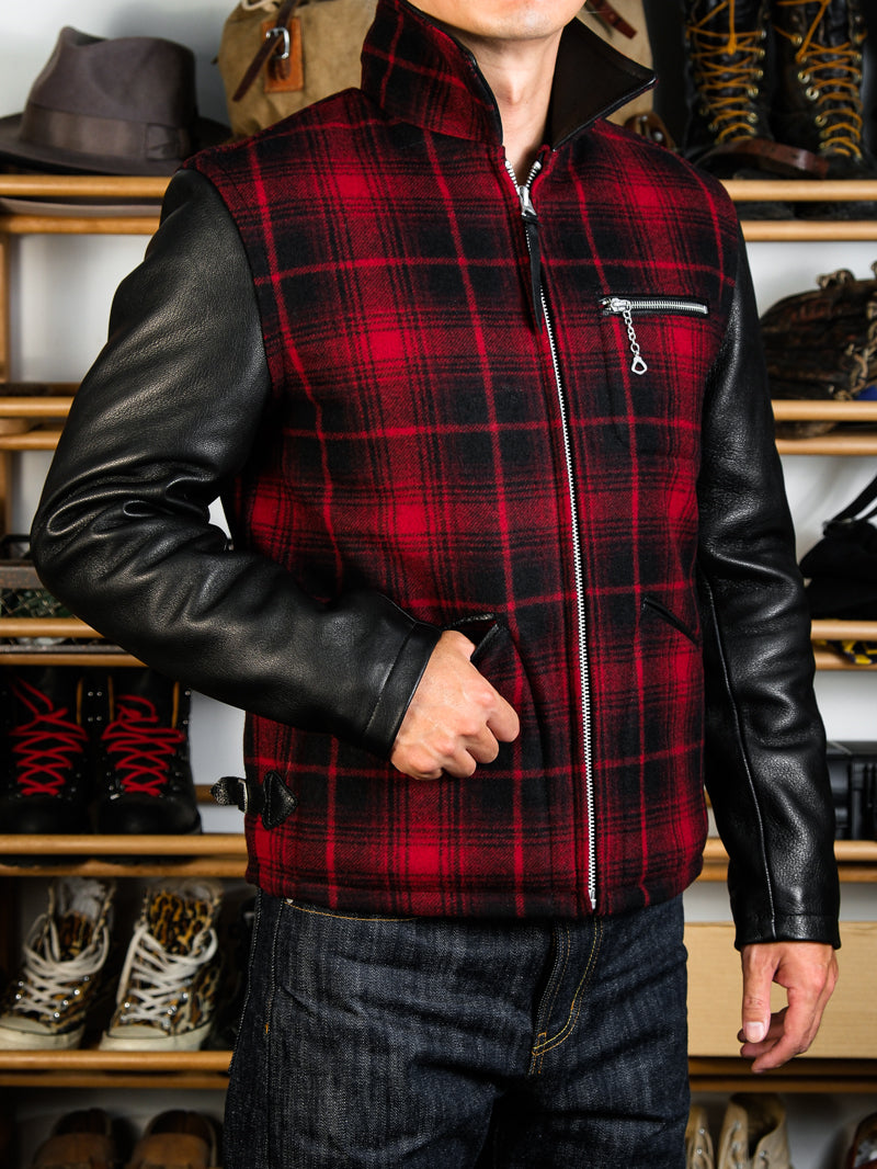 ◇1930’sヴィンテージ復刻デザイン バッファローチェックウール 切替 レザージャケット◇S～3XL