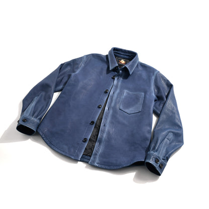 ☆絶妙な色味の枯れたブルーカラー☆シープレザー シャツ☆M～3XL